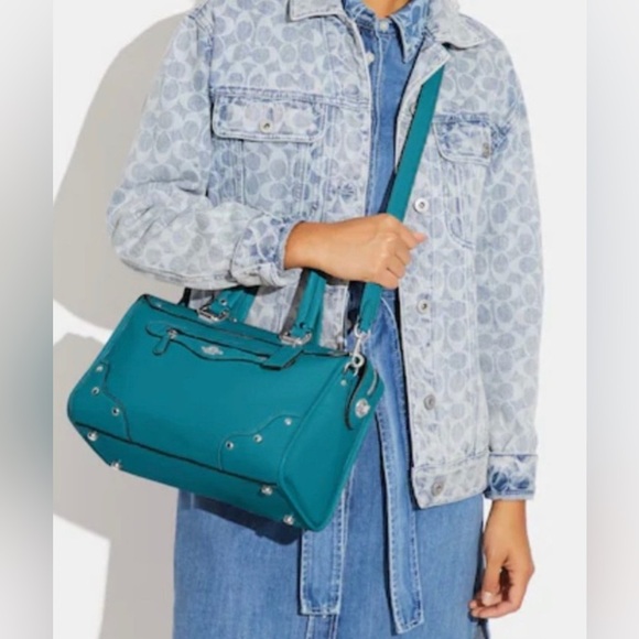 COACH MILLIE SATCHEL TEAL w/SILVER ACCENT VIRTUALLY NEW y2k RARE color pristine - Picture 3 of 17